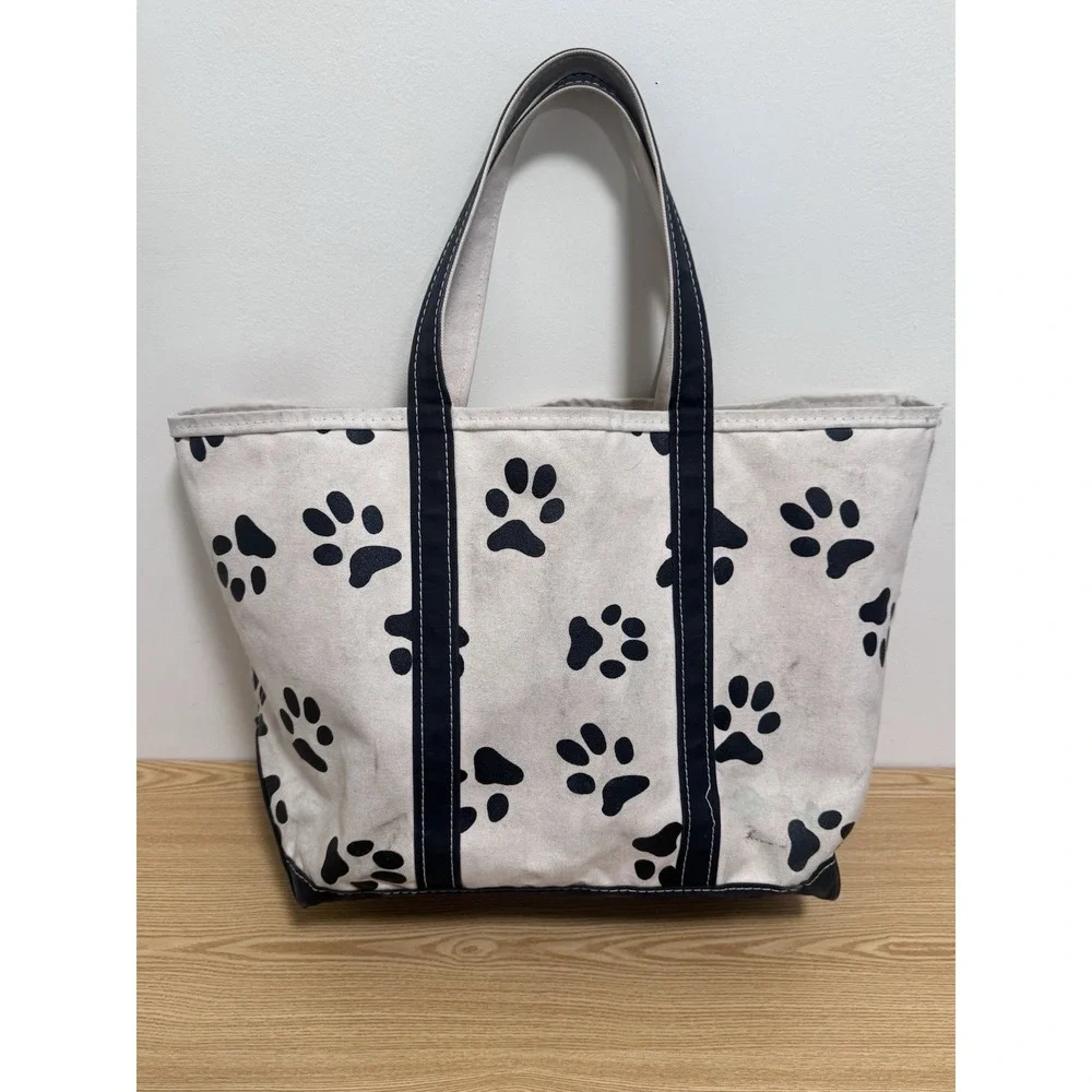 Vintage LL Bean Large Canvas Boat and Tote Bag Dog Print Freeport Maine 1980's